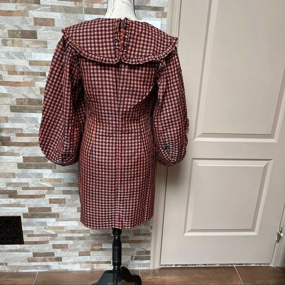 GANNI SEERSUCKER CHECK MINI DRESS FLAME SIZE 38 - Picture 11 of 16